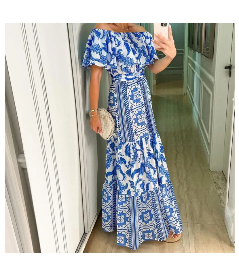 Sexy Off-Shoulder Print Maxi Dresses High Waist Lace-Up Wholesale Bohemian Dress For Women SDN562180 3 Sexy Off-Shoulder Print Maxi Dresses High Waist Lace-Up Wholesale Bohemian Dress For Women SDN562180 - Image 3