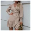 Solid Color V-Neck Tie-Waist Irregular Long Sleeve Ruffled Wrap Dress Wholesale Dresses SDN537256