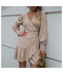 Solid Color V-Neck Tie-Waist Irregular Long Sleeve Ruffled Wrap Dress Wholesale Dresses SDN537256