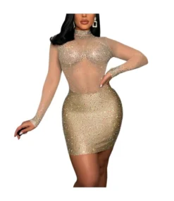 Mesh See-Through Long Sleeve Rhinestone Bodycon Sexy Dress Wholesale Dresses SON537213