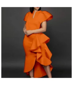 Wholesale Ruffled Trim Sleeve Asymmetrical Midi Dress SD161591