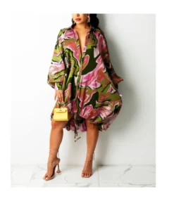 Loose Printing Drawstring Button Down Asymmetrical Shirt Dress SD080525