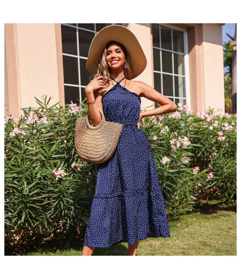 Polka Dot Print Halterneck Sleeveless Backless Wholesale Swing Dresses SD168427 4 Polka Dot Print Halterneck Sleeveless Backless Wholesale Swing Dresses SD168427 - Image 4