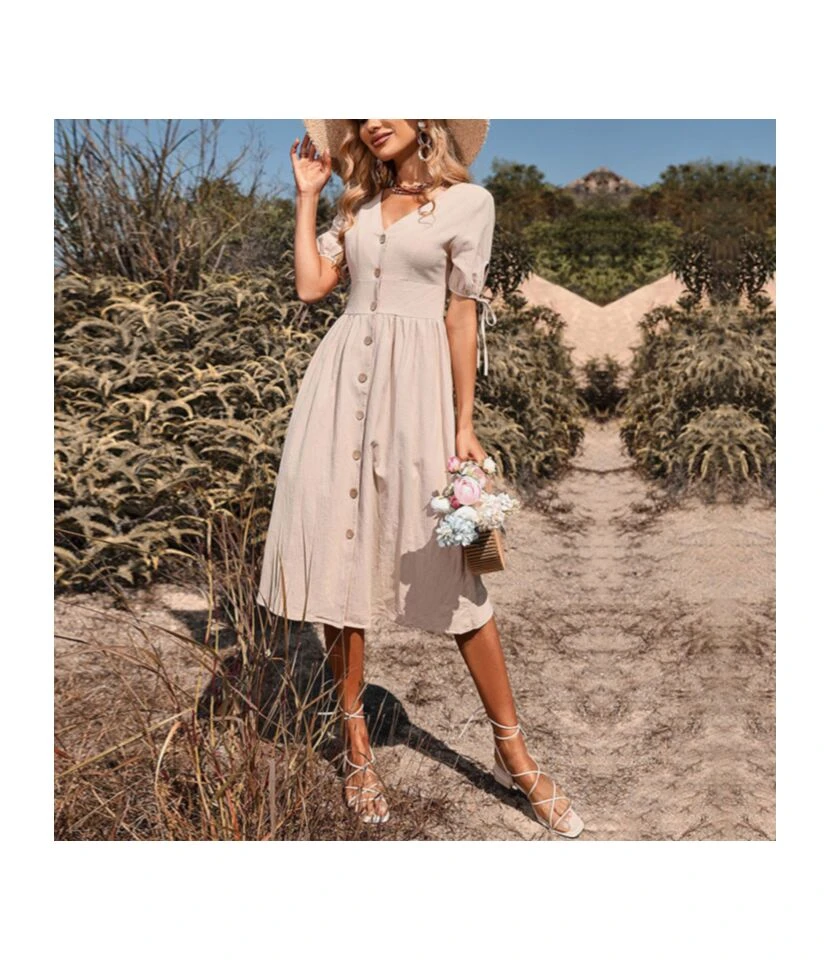 Women Plain Color Short Sleeve V Neck Button Wholesale Midi Dresses SD168424 1 Women Plain Color Short Sleeve V Neck Button Wholesale Midi Dresses SD168424