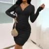 Sexy V-Neck Pleated Knit Dress Long Sleeve Solid Color Bodycon Wholesale Dresses SDN561501