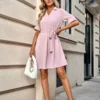Solid Color Half Sleeve Tie-Up Lapel Casual Dress Wholesale Dresses SDN537944