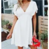 Solid Color Ruffle Sleeve V Neck Elastic Waist Backless Wholesale Casual Dresses SD203761