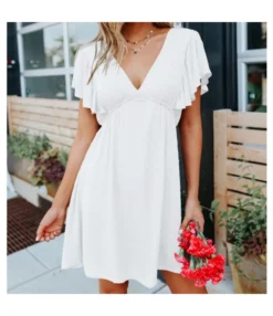 Solid Color Ruffle Sleeve V Neck Elastic Waist Backless Wholesale Casual Dresses SD203761
