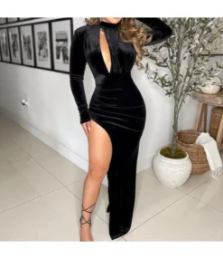 Fashion Sexy Irregular Slit Hollow Long Sleeve Wholesale Maxi Dresses Velvet High Collar Evening Dress SD183964