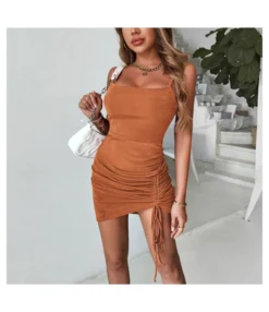 Sexy Suspender Mini Dress Solid Color Pleated Drawstring Bodycon Wholesale Dresses SDN560309