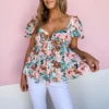 Fashion Floral V-Neck Swing Top Short Sleeve Casual Loose Womens T Shirts Wholesale STN560464