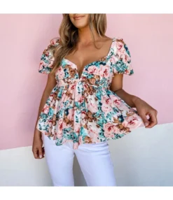 Fashion Floral V-Neck Swing Top Short Sleeve Casual Loose Womens T Shirts Wholesale STN560464