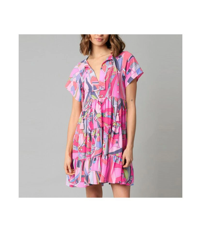 Abstract Geometric Print Fringed Short-Sleeved Thin Dress Wholesale Dresses 2 Abstract Geometric Print Fringed Short-Sleeved Thin Dress Wholesale Dresses - Image 2