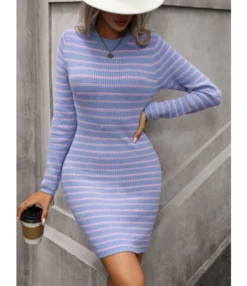 Stylish Inter-Colour Striped Round Neck Mid-Length Knitted Dress Wholesale Dresses N5923082600024