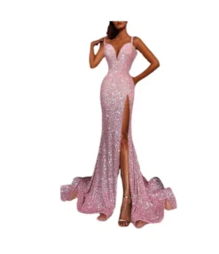 Sexy Split Sleeveless Sequined Halter Floor Length Gowns Wholesale Dresses N5923081800012