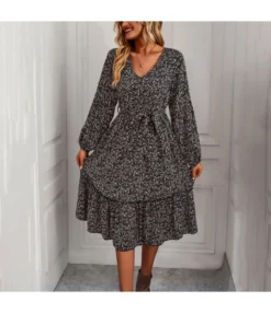 Casual Long-Sleeved Floral Print V-Neck Chiffon Ruffle Dress Wholesale Dresses V5923041200024
