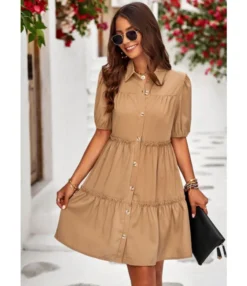 Solid Color Casual Lapel Puff Short Sleeve Smocked Dress Wholesale Dresses N5323032300139 -Dress Sales Store O1CN0148LCQv1ND4kklKkCI 2425141535 0 cib 4