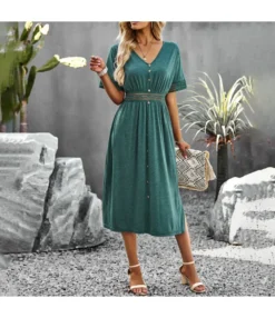 Casual Short-Sleeved Single-Breasted Solid Color V-Neck Long Dress Wholesale Dresses V5923050300060 -Dress Sales Store O1CN01FfVSMA1wuayuGAEHl 3267756368 0 cib
