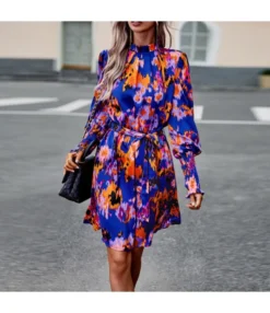 Lantern Sleeve Pleated Print Temperament Elegant Long-Sleeved Dress Wholesale Dresses N4623062500011