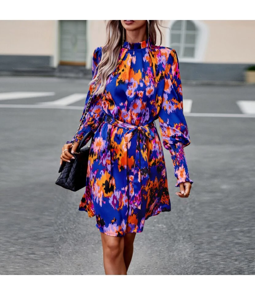 Lantern Sleeve Pleated Print Temperament Elegant Long-Sleeved Dress Wholesale Dresses N4623062500011 1 Lantern Sleeve Pleated Print Temperament Elegant Long-Sleeved Dress Wholesale Dresses N4623062500011