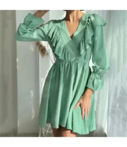 Commuter Ruffled V-Neck Puff Sleeve Solid Color A-Line Dress Wholesale Dresses N463423021400186 -Dress Sales Store O1CN01I8vFqn2GztpLdK1c1 2212501819087 0 cib