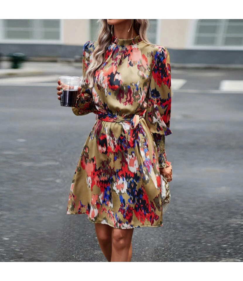 Lantern Sleeve Pleated Print Temperament Elegant Long-Sleeved Dress Wholesale Dresses N4623062500011 2 Lantern Sleeve Pleated Print Temperament Elegant Long-Sleeved Dress Wholesale Dresses N4623062500011 - Image 2