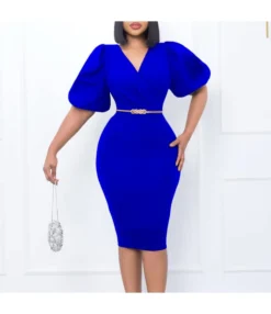 Fashion Bubble Sleeve V-Neck Hip Pencil Dress Wholesale Dresses N5923080800072