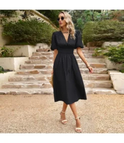 Temperament Short-Sleeved V-Neck Waist-Skimming Solid Color Long Dress Wholesale Dresses V5923041200030 -Dress Sales Store O1CN01PaV2x51ND4mtHi1IM 2425141535 0 cib 4