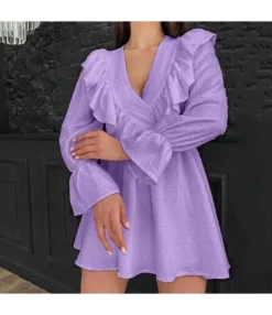 Commuter Ruffled V-Neck Puff Sleeve Solid Color A-Line Dress Wholesale Dresses N463423021400186 -Dress Sales Store O1CN01RVbfbI2GztpLdJM25 2212501819087 0 cib 3