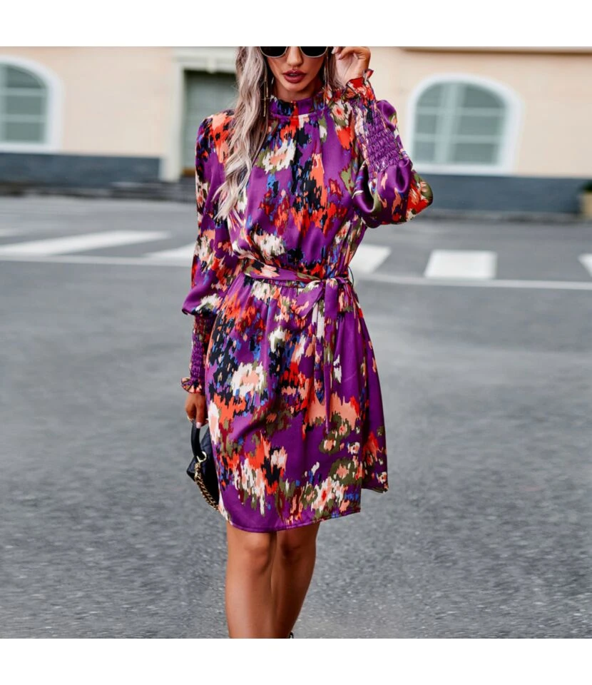 Lantern Sleeve Pleated Print Temperament Elegant Long-Sleeved Dress Wholesale Dresses N4623062500011 4 Lantern Sleeve Pleated Print Temperament Elegant Long-Sleeved Dress Wholesale Dresses N4623062500011 - Image 4