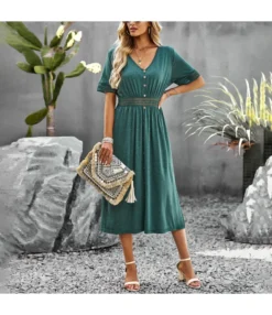 Casual Short-Sleeved Single-Breasted Solid Color V-Neck Long Dress Wholesale Dresses V5923050300060 -Dress Sales Store O1CN01XsiBoI1wuayoSxe2B 3267756368 0 cib