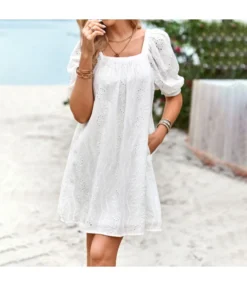 Solid Color Square Collar Puff Sleeve Summer Elegant Hollow Casual Dress Wholesale Dresses N5323030617101