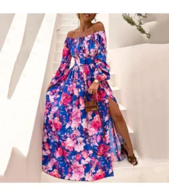 Vacation Off-Neck Floral Print Long Sleeve Slit Swing Dress Wholesale Maxi Dresses N5323031700008