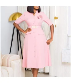 Elegant Solid Color V-Neck Button Down Dress With Belt And Corsage Wholesale Dresses N5923080800064 -Dress Sales Store O1CN01eMUOze26Uci1UX2YN 4225457665 0 cib 6