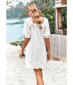 Solid Color Square Collar Puff Sleeve Summer Elegant Hollow Casual Dress Wholesale Dresses N5323030617101 -Dress Sales Store O1CN01mtGdKN1ND4lm7EYeG 2425141535 0 cib