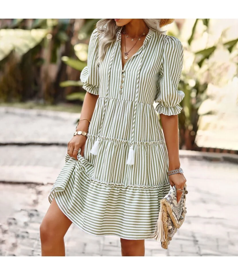 Commuter Stripe V-Neck Balloon Sleeve Dress Wholesale Dresses N4623041900027 3 Commuter Stripe V-Neck Balloon Sleeve Dress Wholesale Dresses N4623041900027 - Image 3