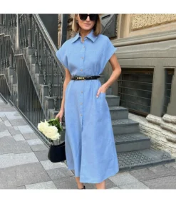 Elegant Solid Color Short Sleeve Single-Breasted Lapel Long Shirt Dress With Waistband Wholesale Dresses N5323032800057 -Dress Sales Store O1CN01qv95xT2GztrYj4qrW 2212501819087 0 cib 3