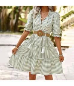 Commuter Stripe V-Neck Balloon Sleeve Dress Wholesale Dresses N4623041900027