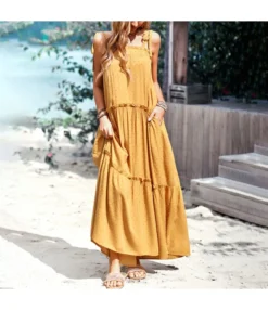 Loose Solid Color Strappy Wooden Ears Dress Wholesale Dresses N4623050300049