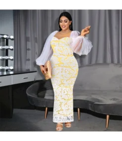 See-Through Round Neck Bubble Sleeve Lace One-Step Dress Wholesale Dresses V5923050600032