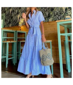 Striped Print Short Sleeve Lapel Smocked Shirtdress Wholesale Maxi Dresses SDN534931