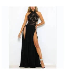 Sexy Sleeveless Nude Back High Slit Sheer Lace Dress Wholesale Maxi Dresses SDN535413
