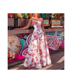 Floral Print Lace-Up Sling High Waist Swing Smocked Resort Dress Wholesale Maxi Dresses SDN533598