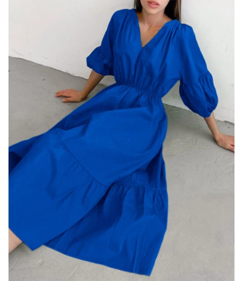 Klein Blue V Neck Puff Sleeve A-Line Dress High Waist Solid Color Midi Wholesale Dresses SDN560941 4 Klein Blue V Neck Puff Sleeve A-Line Dress High Waist Solid Color Midi Wholesale Dresses SDN560941 - Image 4