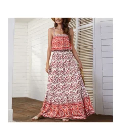 Ethnic Style Print Lace-Up Boho Sundresses Sexy Vacation Maxi Dresses Wholesale Bohemian Dress For Women SDN532226