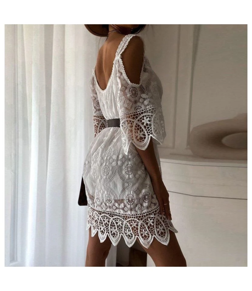 Sexy Off-Shoulder Sling Lace Mini Dress Hollow Lace-Up Solid Color Wholesale Dresses SDN561715 4 Sexy Off-Shoulder Sling Lace Mini Dress Hollow Lace-Up Solid Color Wholesale Dresses SDN561715 - Image 4