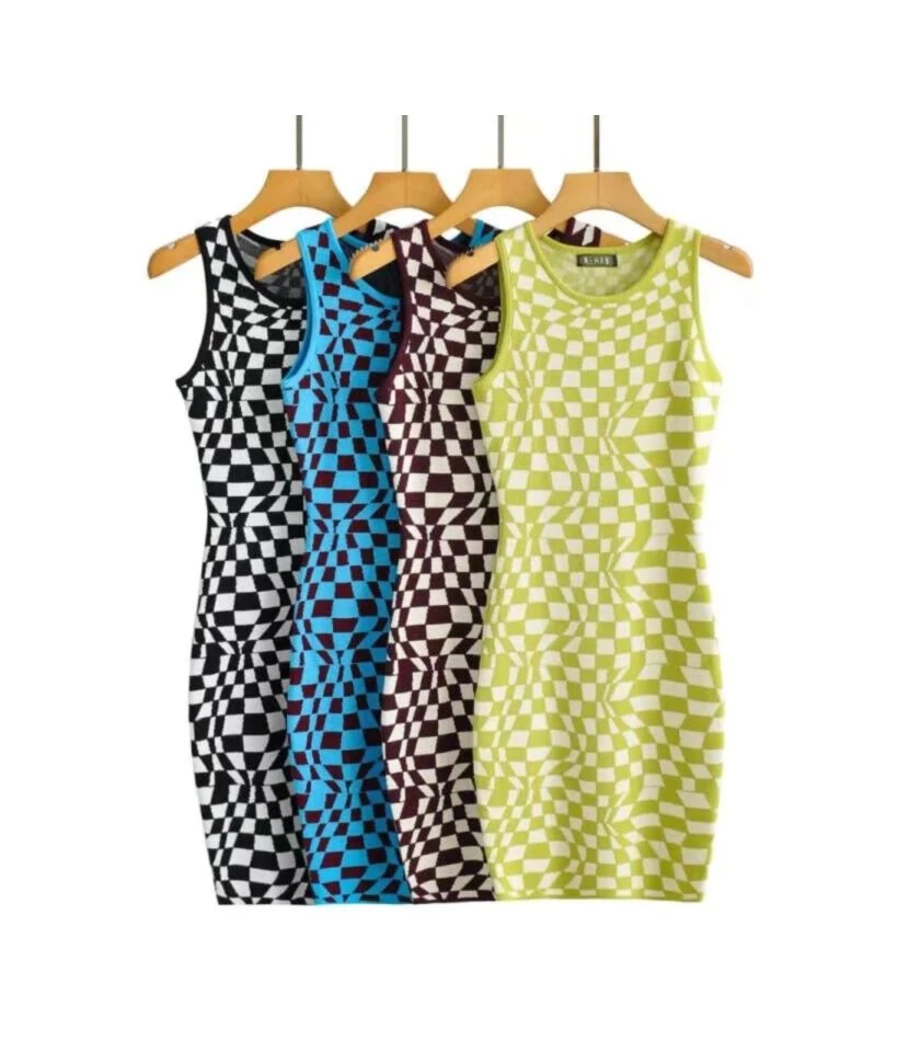 Round Neck Sleeveless Plaid Knitted Dress Wholesale Clothing SD070186 3 Round Neck Sleeveless Plaid Knitted Dress Wholesale Clothing SD070186 - Image 3