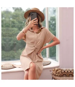 Lapel Solid Color Short Sleeve Slim Fit Pleated Dress Ladies T Shirt Dress Wholesale Business Casual Women SD168361 -Dress Sales Store ad3d3543 cf72 4a61 b981 ec7338d7fa51 0b658c4ad6f5061e2e960376358c4448