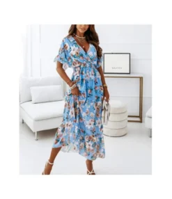 Floral Print Ruffle Sleeve V Neck Elastic Waist Wholesale Maxi Dresses SD203577