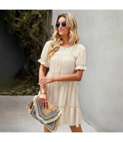 Solid Color Puff Sleeve Round Neck Loose Smocked Ruffled Dress Summer Casual Wholesale Dresses SDN533144